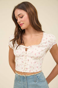Floral Lace Trim Corset Crop Top in Pink