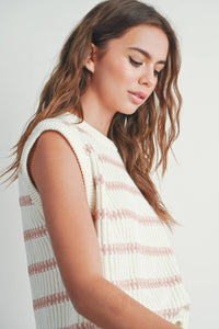 Crew Neck Striped Knit Tank Top in Ivory and Green