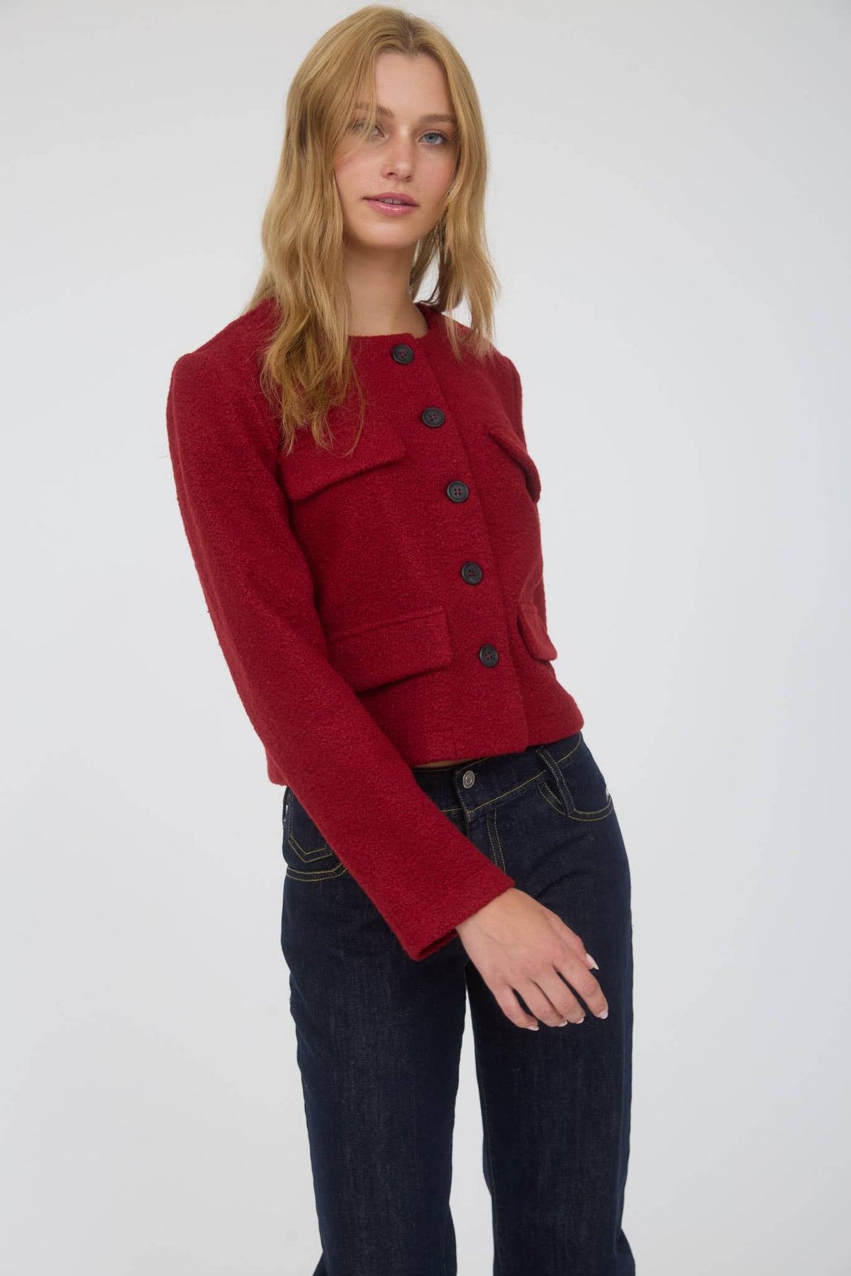 Button Down Tweed Jacket in Red