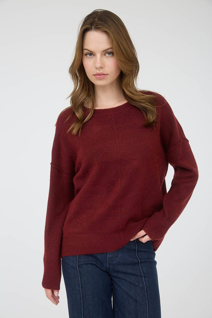 Knit Sweater with Front Seam Detail in Burgundy
