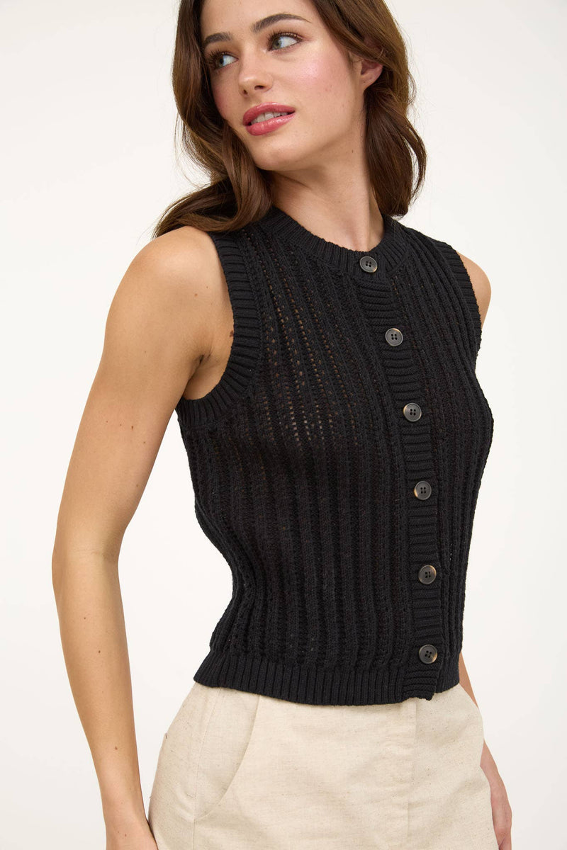 Crew Neck Button Down Sleeveless Knit Cardigan in Black