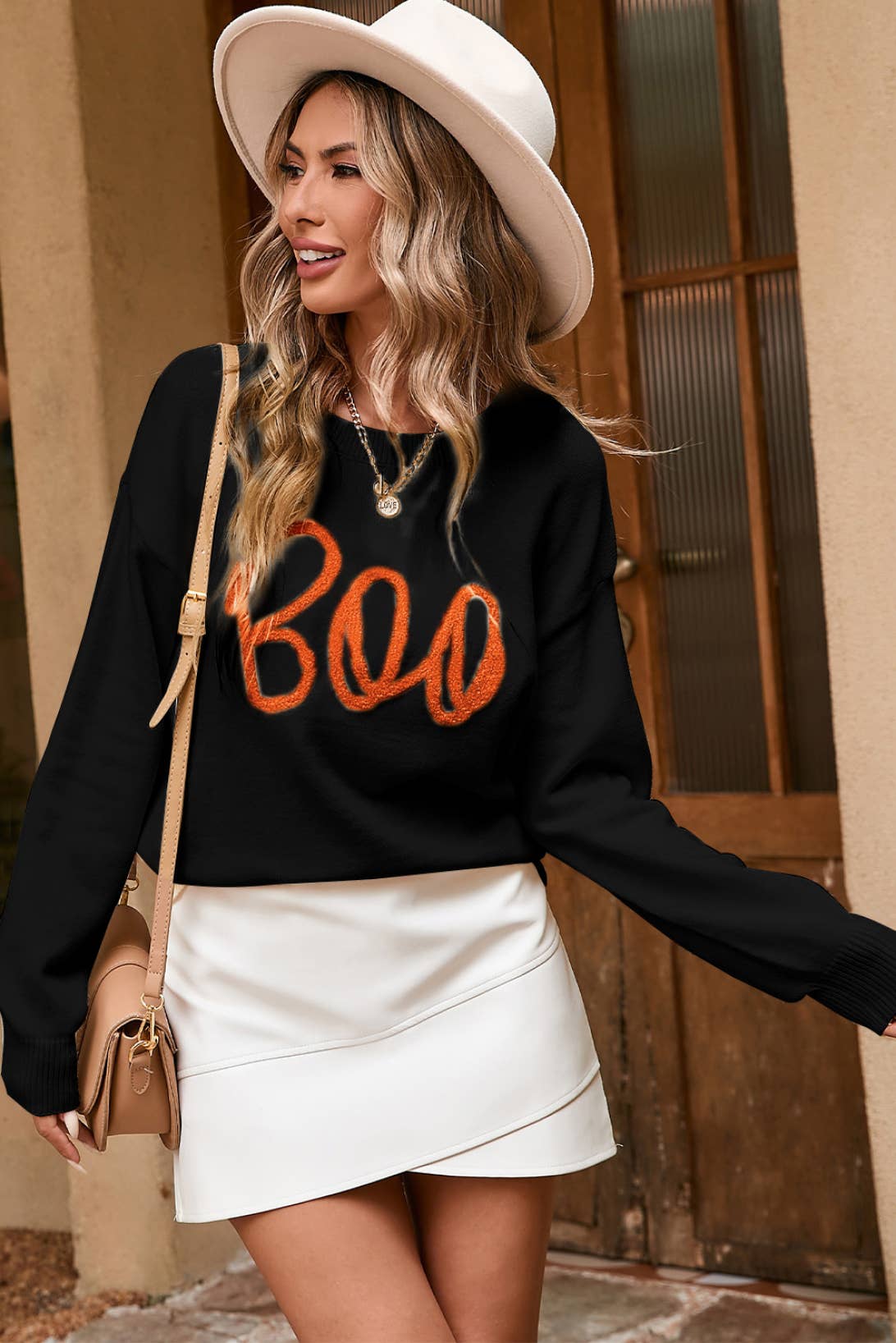 Boo Knitted Pattern Ribbed Edge Drop Shoulder Sweater: Apricot / L