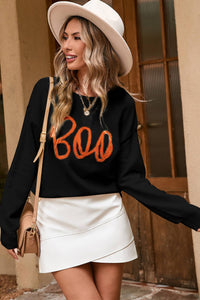Boo Knitted Pattern Ribbed Edge Drop Shoulder Sweater: Apricot / L