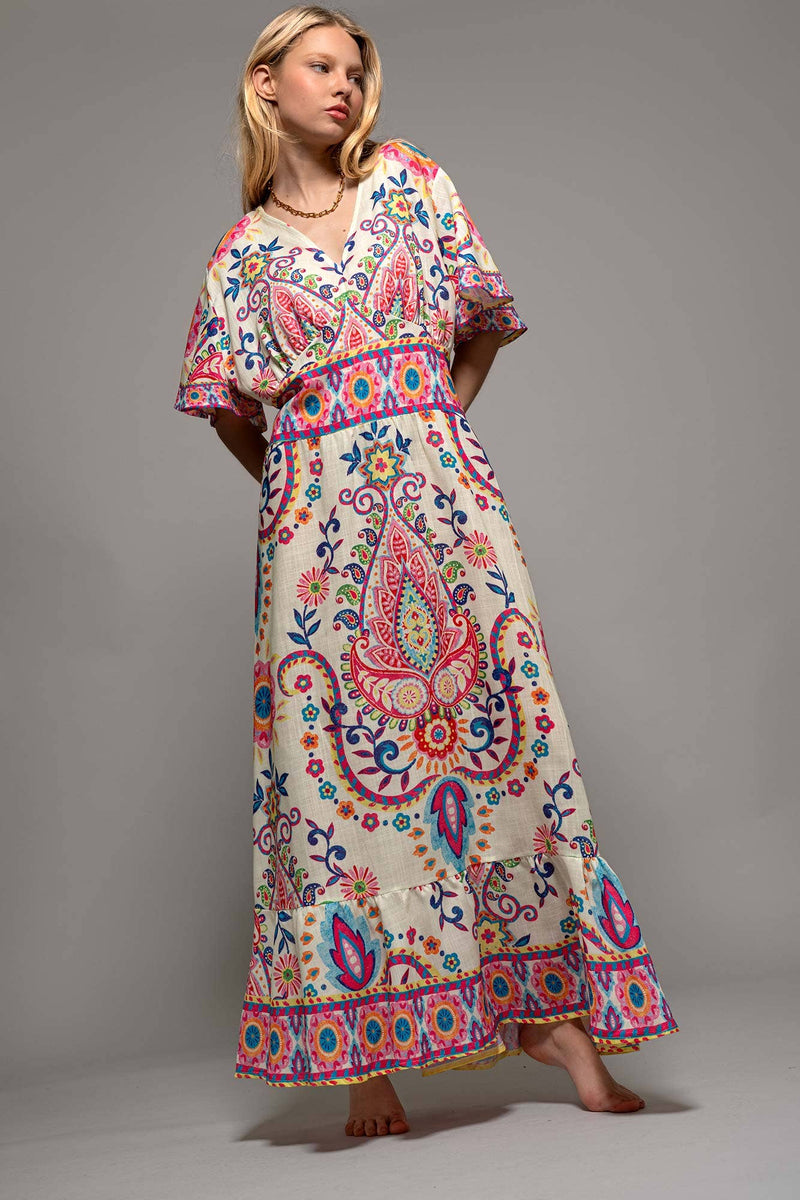 Paisley Flutter Sleeve Smocked Dress in Ivory