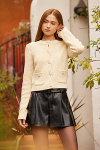 SWEATER KNIT CARDIGAN WITH PEARL BUTTONS: BUTTER-BEIGE