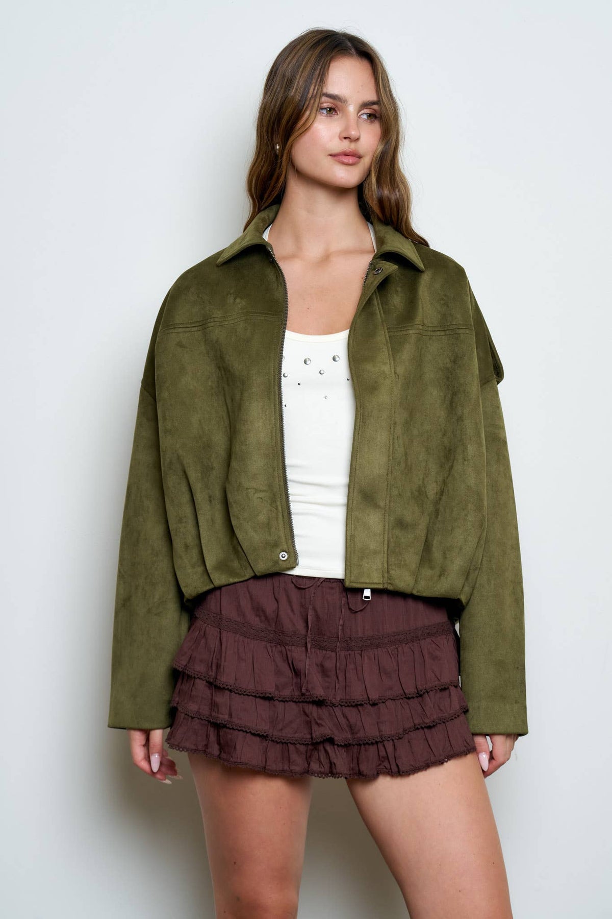 SUEDE EPAULET COLLARED ZIP-UP CROPPED JACKET : OLIVE