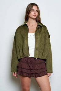 SUEDE EPAULET COLLARED ZIP-UP CROPPED JACKET : OLIVE