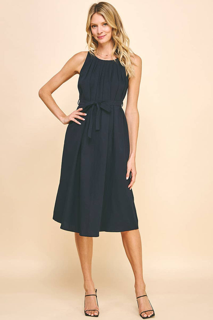 Sleeveless Pleated Midi Dress in Ink