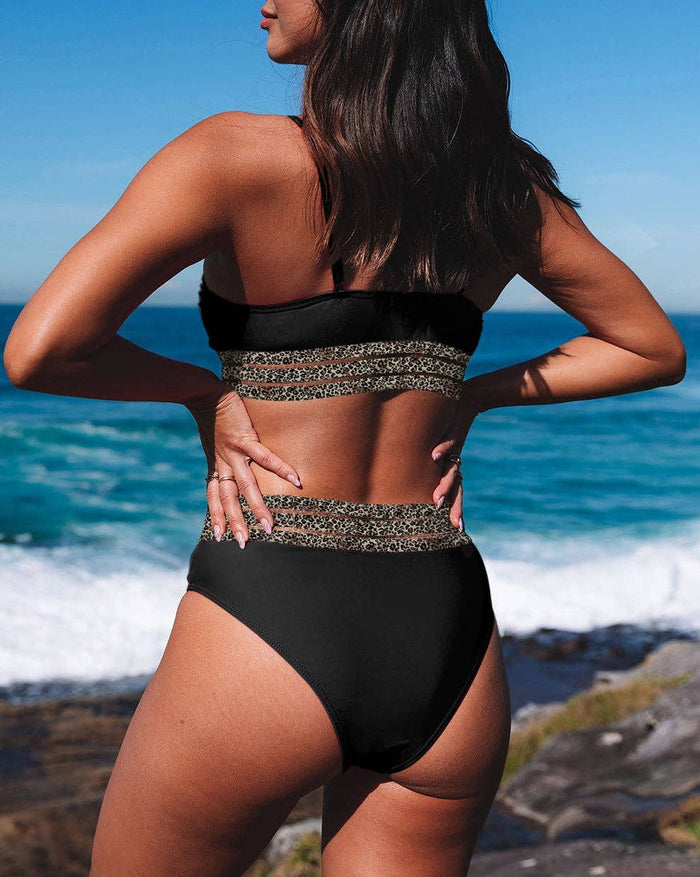 Leopard Mesh Trim Swimsuit in Black