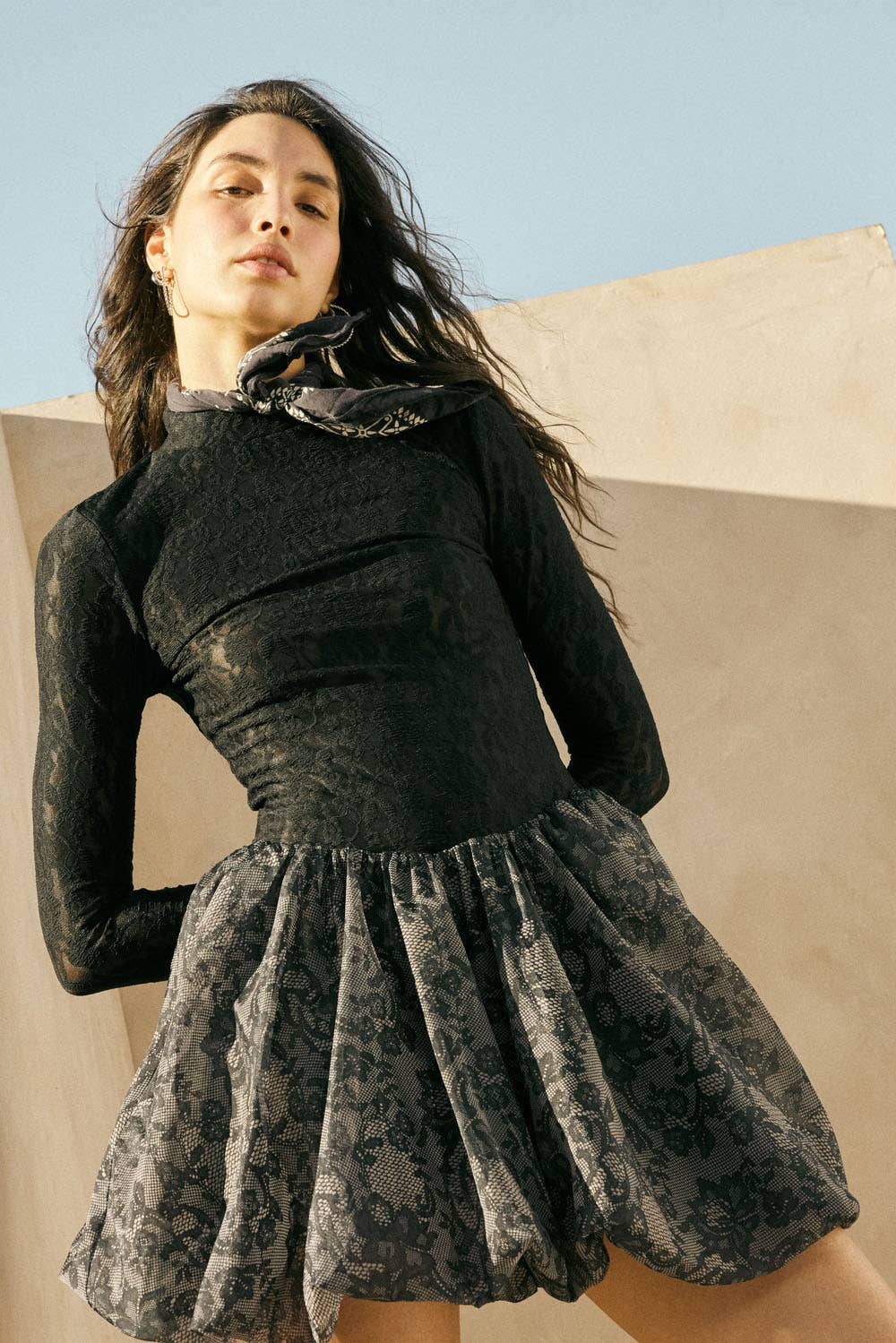 Sheer Lace Drop-Waist Bubble Mini Dress in Black