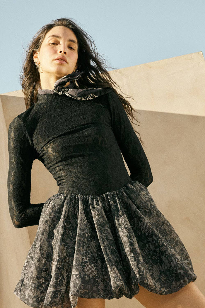 Sheer Lace Drop-Waist Bubble Mini Dress in Black