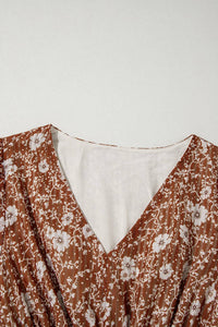 Boho Floral Ruffle V-Neck Mini Dress in Brown