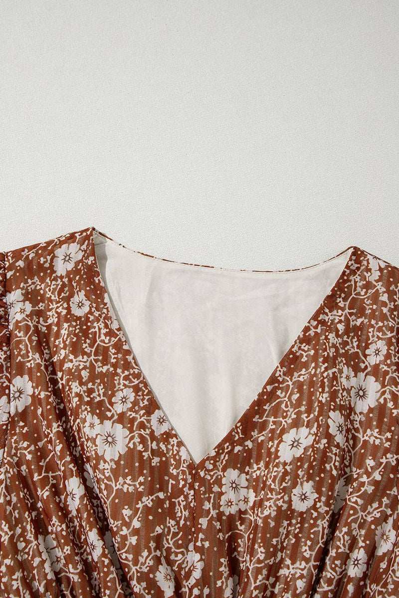 Boho Floral Ruffle V-Neck Mini Dress in Brown