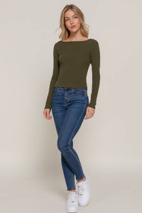 Long Sleeve Boat Neck Top in Olive