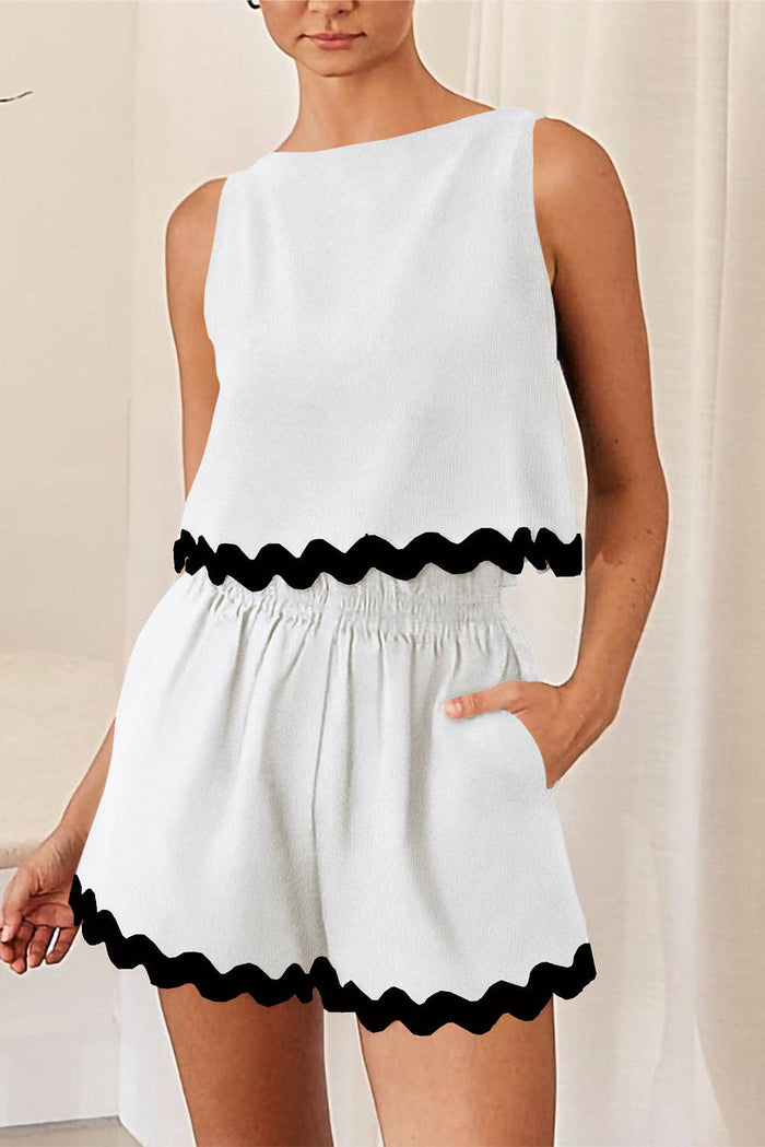 Ricrac Trim Tank Top Elastic Waist Shorts Set in White