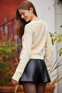 SWEATER KNIT CARDIGAN WITH PEARL BUTTONS: BUTTER-BEIGE