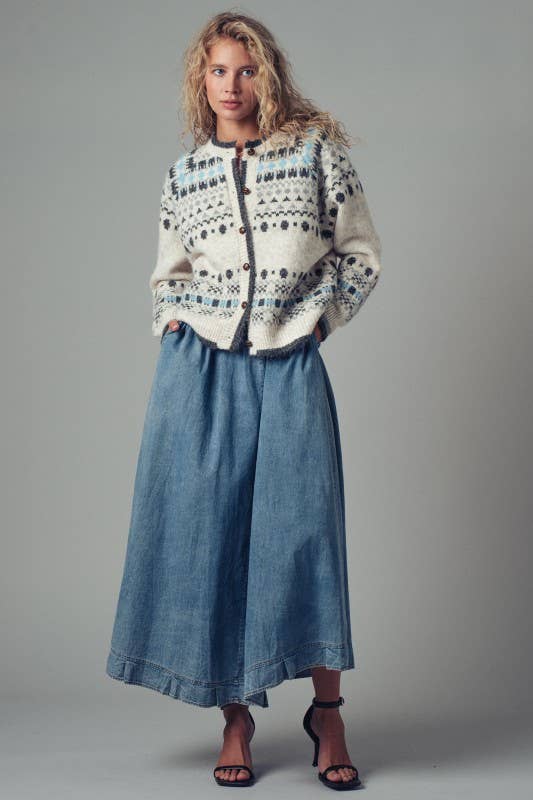 ** Nordic Pattern Button-Up Knit Cardigan in Ivory S/M-3:M/L-3