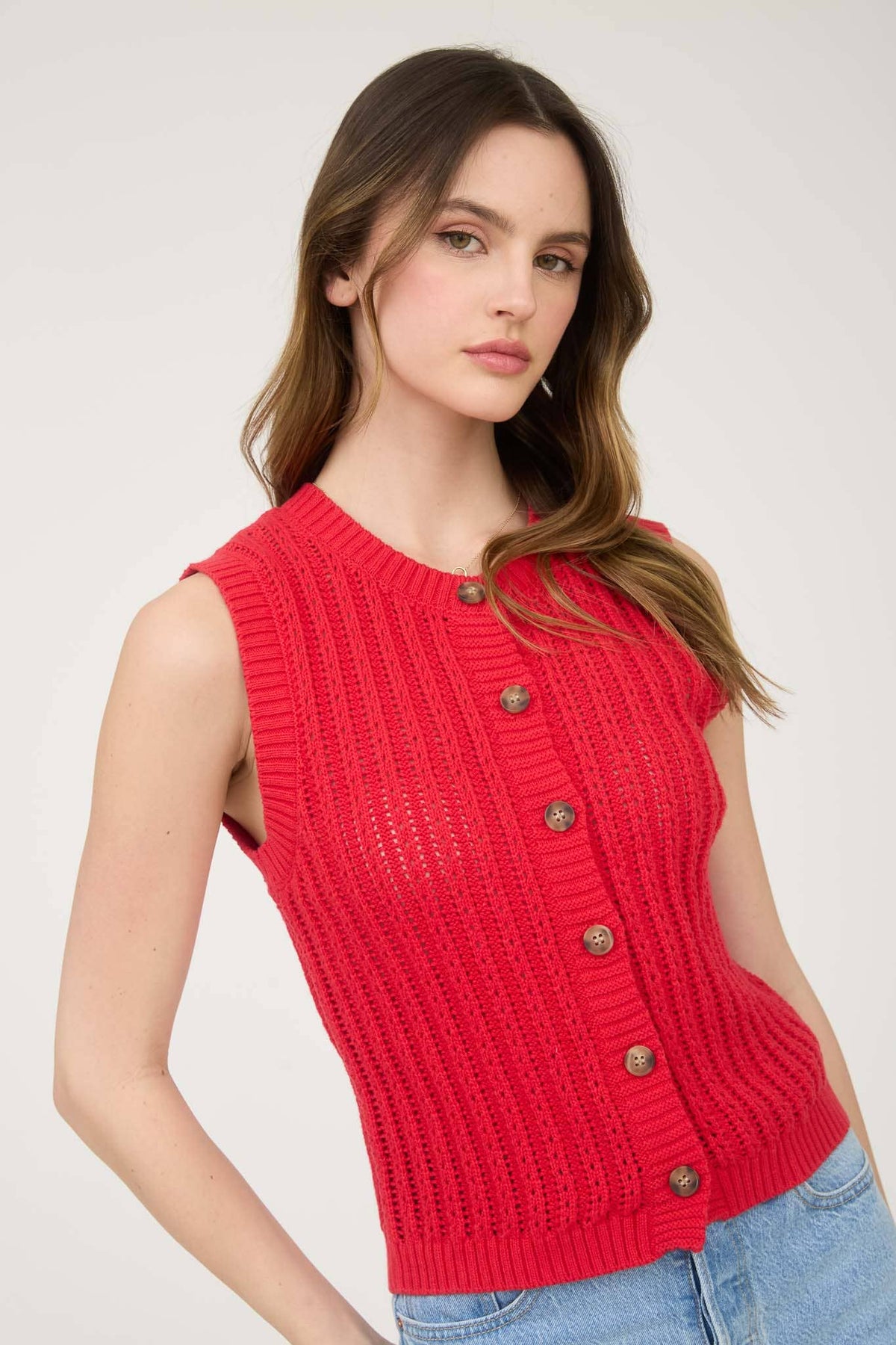 Crew Neck Button Down Sleeveless Knit Cardigan in Black