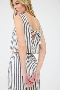 Stripe Linen Back Tie Detail Sleeveless Top in Khaki
