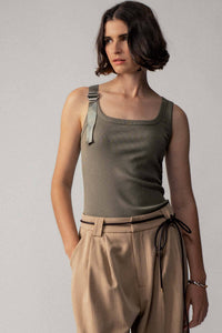 Ribbed Knit Tank Top with Buckle Strap in Olive