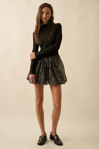 Sheer Lace Drop-Waist Bubble Mini Dress in Black