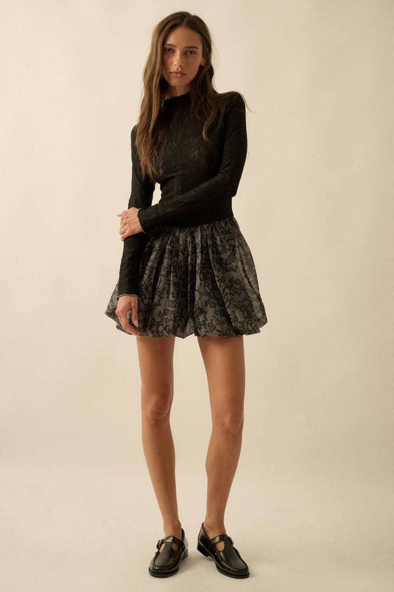 Sheer Lace Drop-Waist Bubble Mini Dress in Black