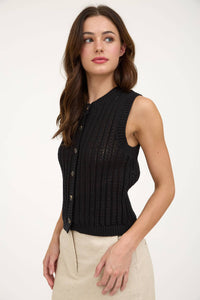 Crew Neck Button Down Sleeveless Knit Cardigan in Black