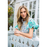 Detailed Flutter Sleeve Top in White/Blue