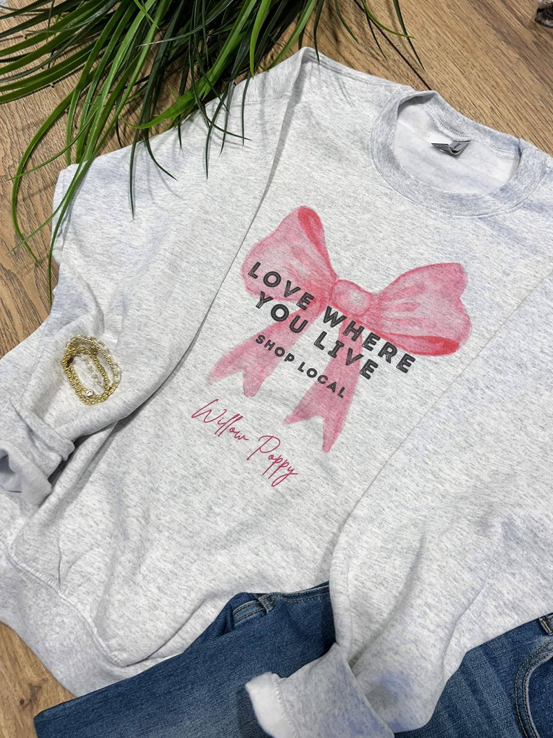 Love Where You Live Bow Crewneck in Gray