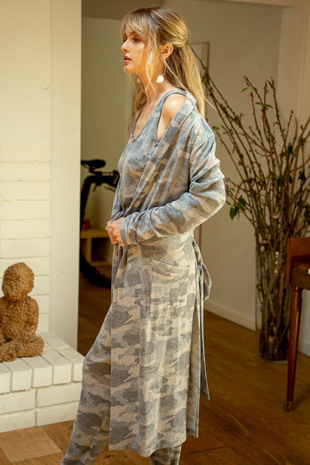 Tie-Waist Long Cardigan in Grey Camo