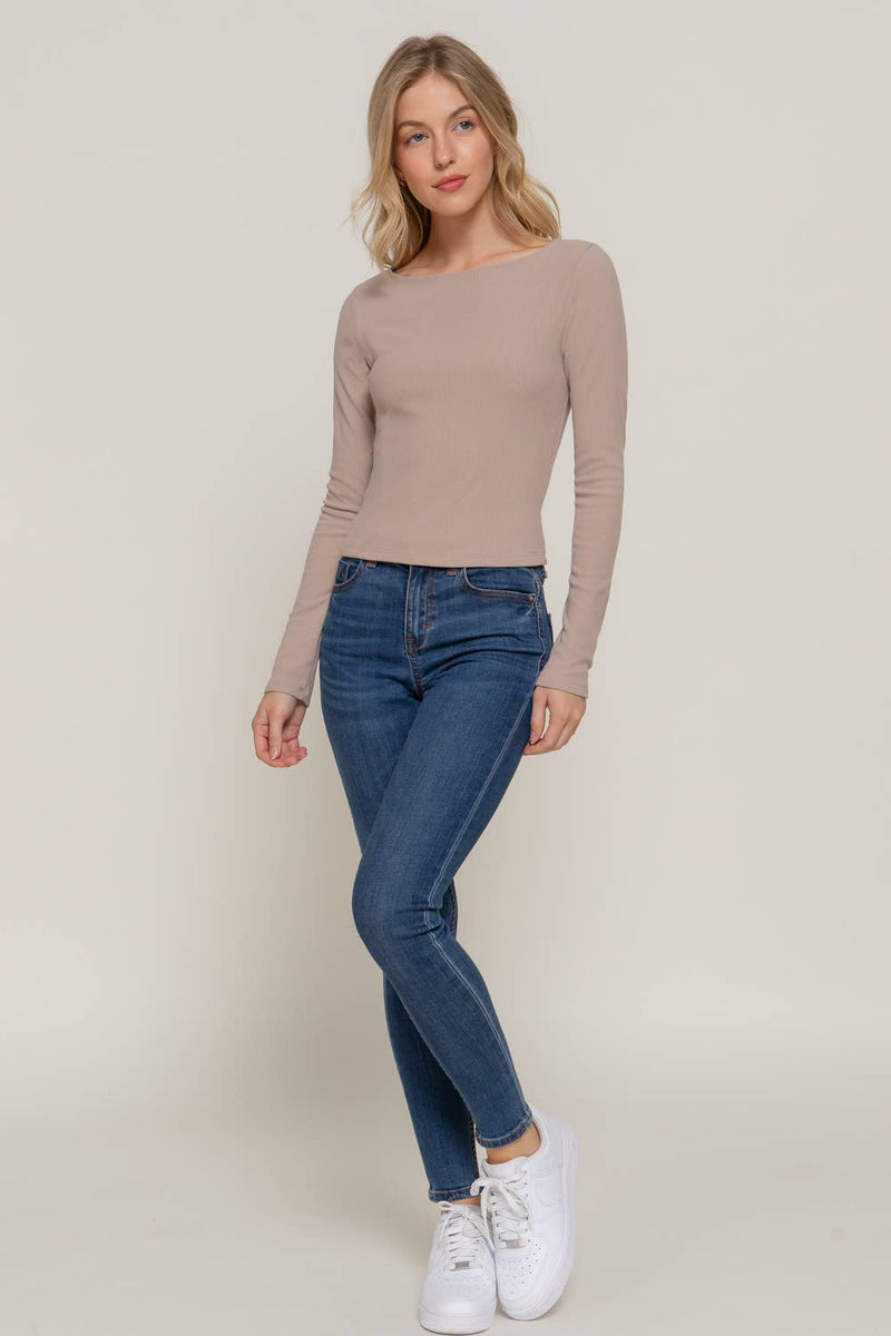 Long Sleeve Boat Neck Top in Natural