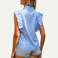Classic Striped Short Sleeve Top in Blue with Ruffle