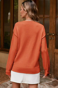 Boo Knitted Pattern Ribbed Edge Drop Shoulder Sweater: Apricot / L