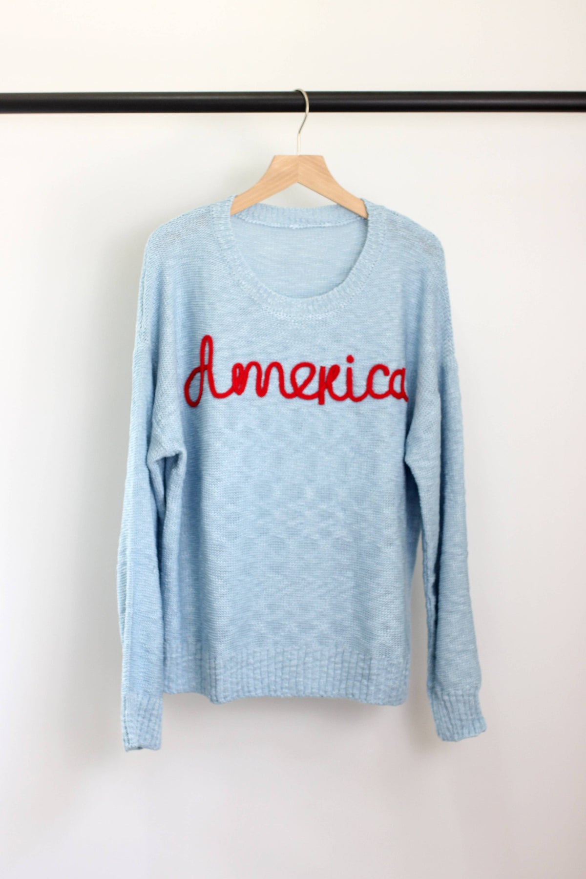 America Embroidered Sweater in Dusty Blue