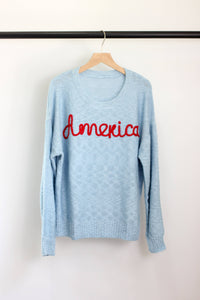 America Embroidered Sweater in Dusty Blue