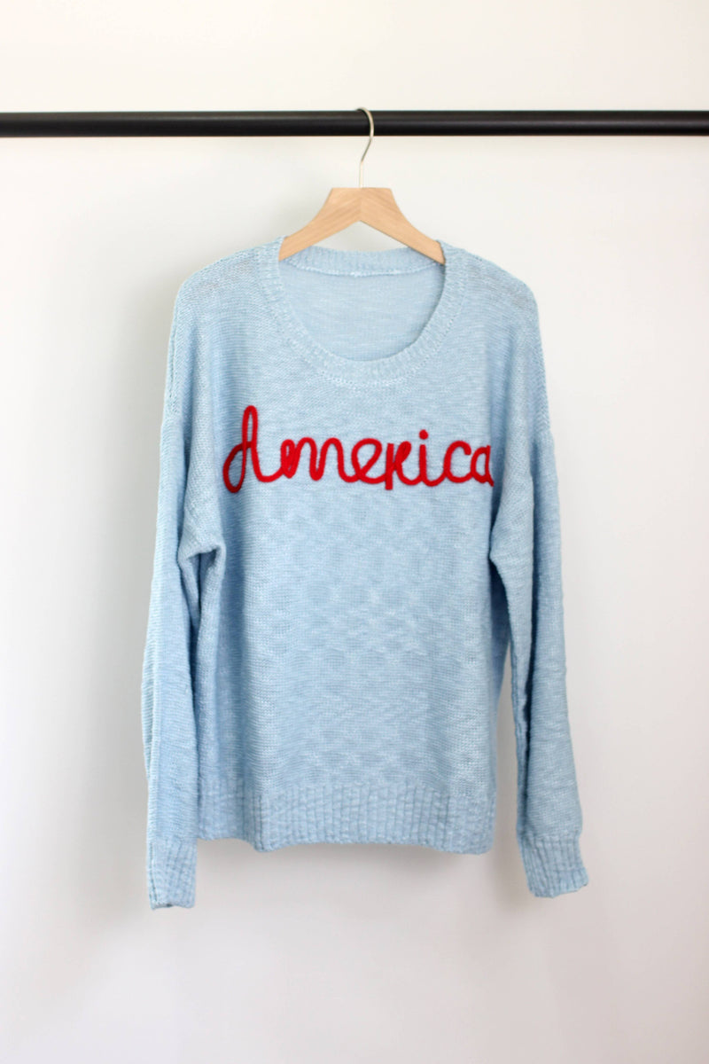 America Embroidered Sweater in Dusty Blue