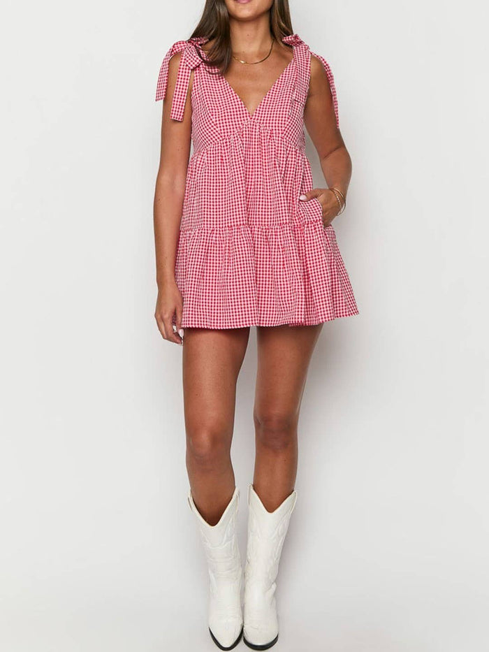 Gingham Bow-Strap V-Neck Ruffled Mini Dress in Red