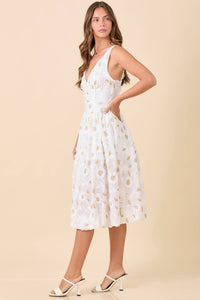 Low V-neck Floral Midi Dress in White