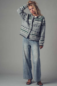 ** Nordic Pattern Button-Up Knit Cardigan: GREY / S/M-3:M/L-3