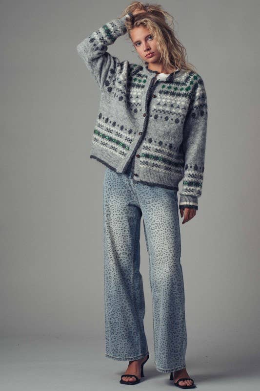 ** Nordic Pattern Button-Up Knit Cardigan: GREY / S/M-3:M/L-3