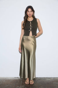 Cutout Bow Detail Ribbed Sweater Top in Dark Olive