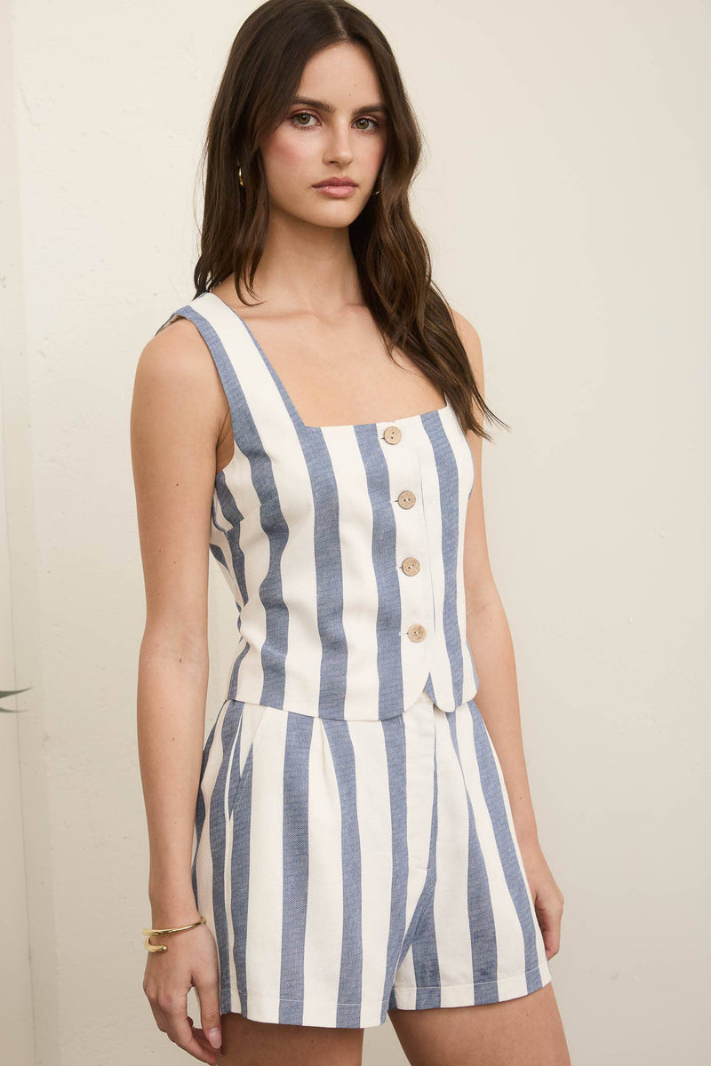 Stripe Button Down Sleeveless Linen Top in Navy
