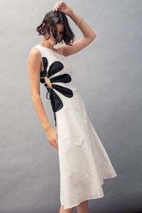 Floral Applique One Shoulder Midi Dress in White