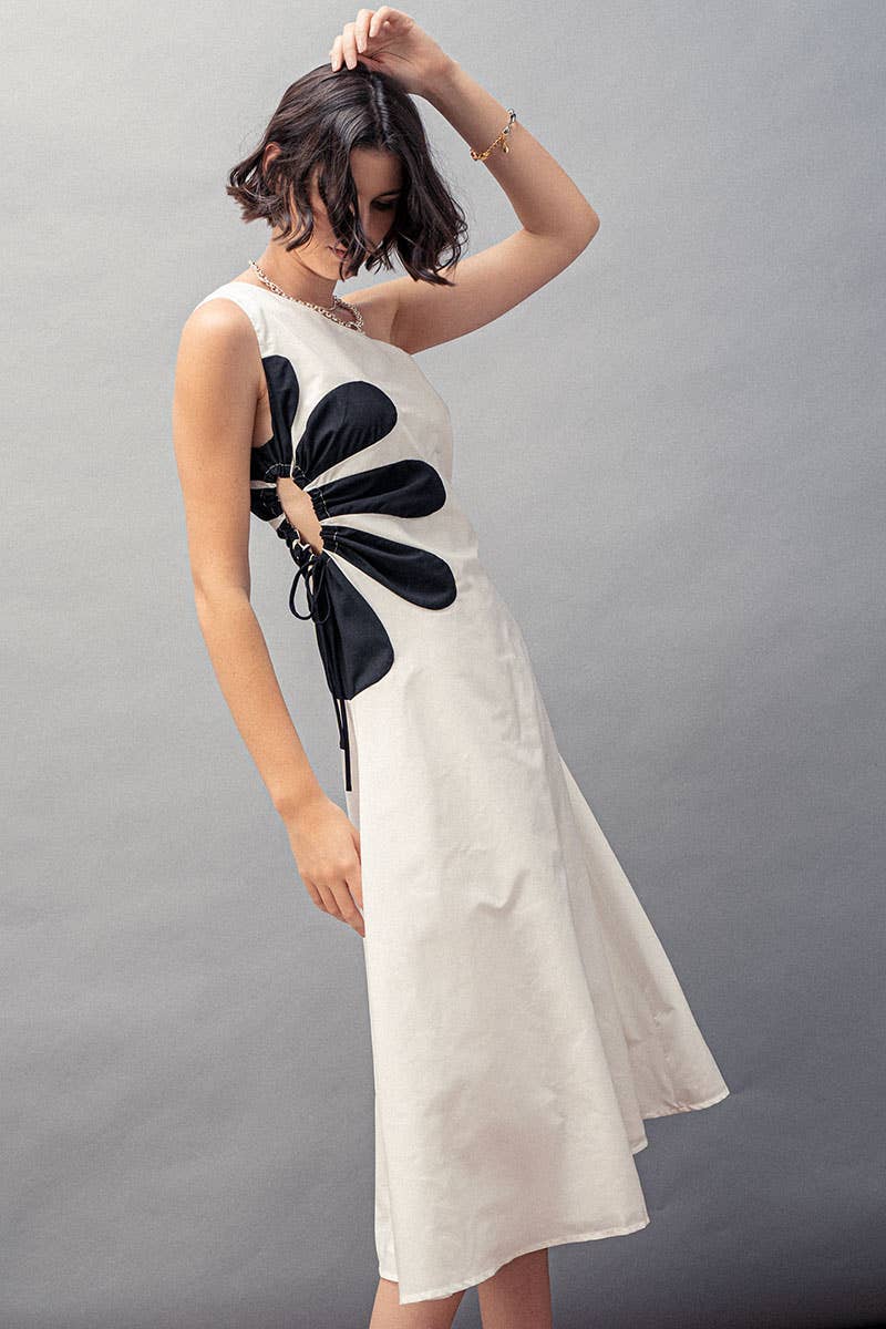 Floral Applique One Shoulder Midi Dress in White