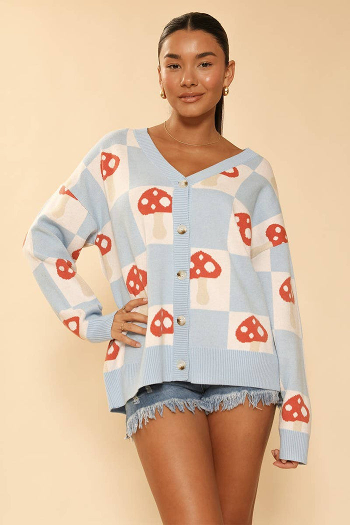 Checkered Mushroom Knit Cardigan