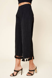 Stay Extra Tassel Trim Wide Leg Black Pants