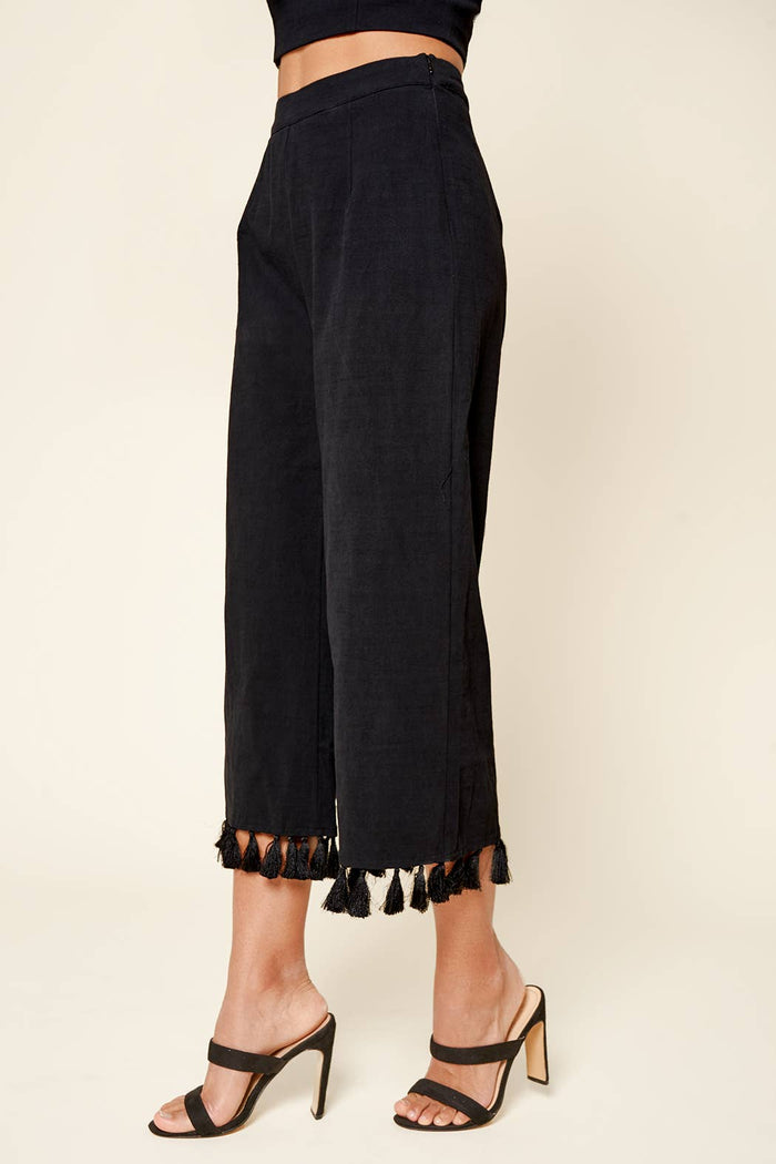 Stay Extra Tassel Trim Wide Leg Black Pants