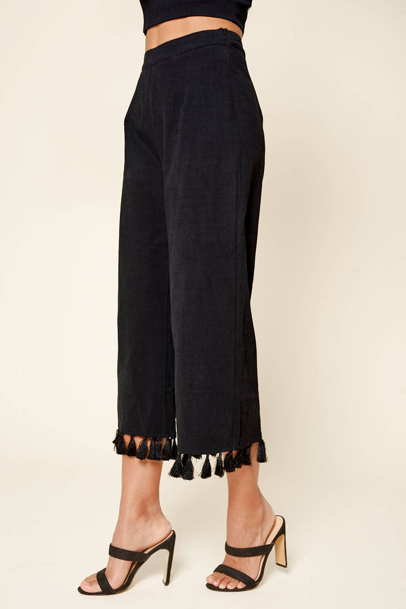 Stay Extra Tassel Trim Wide Leg Black Pants