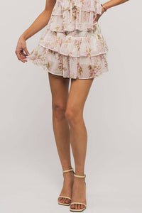 Ruffled Floral Summer Garden Mini Skirt in Pink