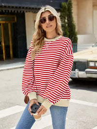 Relaxed Striped Crew Neck Sweater with Color Contrast: Red and white stripes